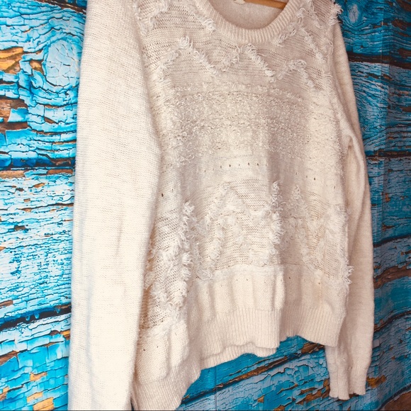 {Anthro / Moth} Bramble Ecru Textured Fringe Macramé-Inspired Boho Sweater - Picture 3 of 8